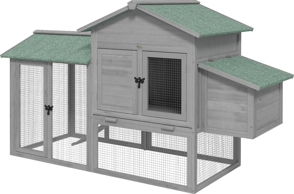 PawHut fenyő tyúkól kifutóval, 168 x 75 x 103 cm — fészekdoboz, rámpa és kihúzható tálca, aszfalt tető — szürke/zöld, 2–4 tyúk | Aosom