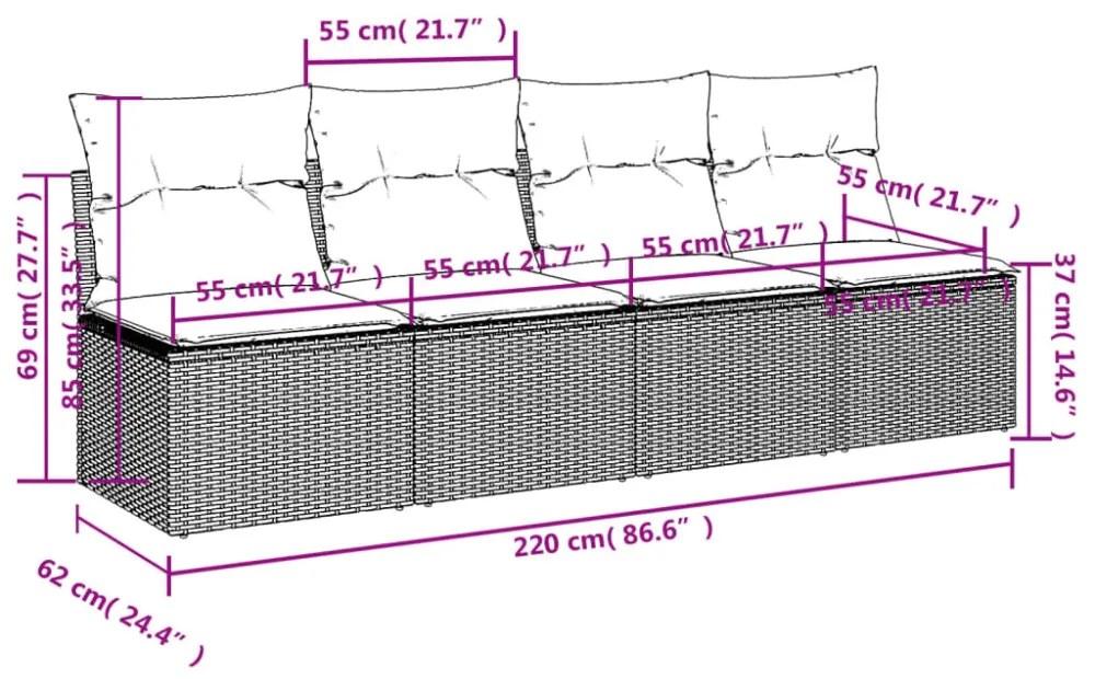vidaXL 4 személyes szürke polyrattan kerti kanapé párnával