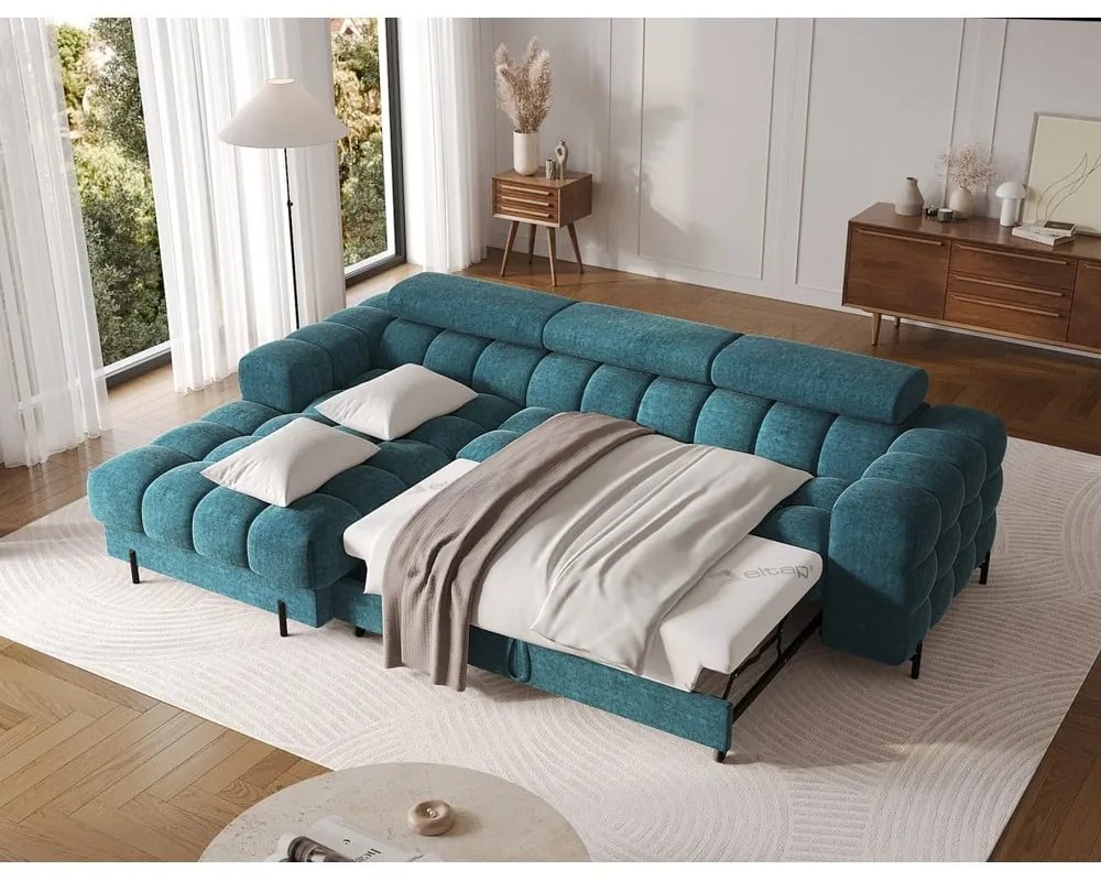 Kék buklé kinyitható-tárolóhelyes sarokkanapé (bal oldali-heverő résszel) Felro – ELTAP