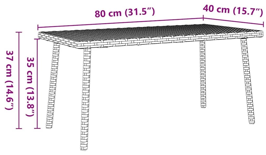 téglalap barna polyrattan kerti dohányzóasztal 80x40x37cm
