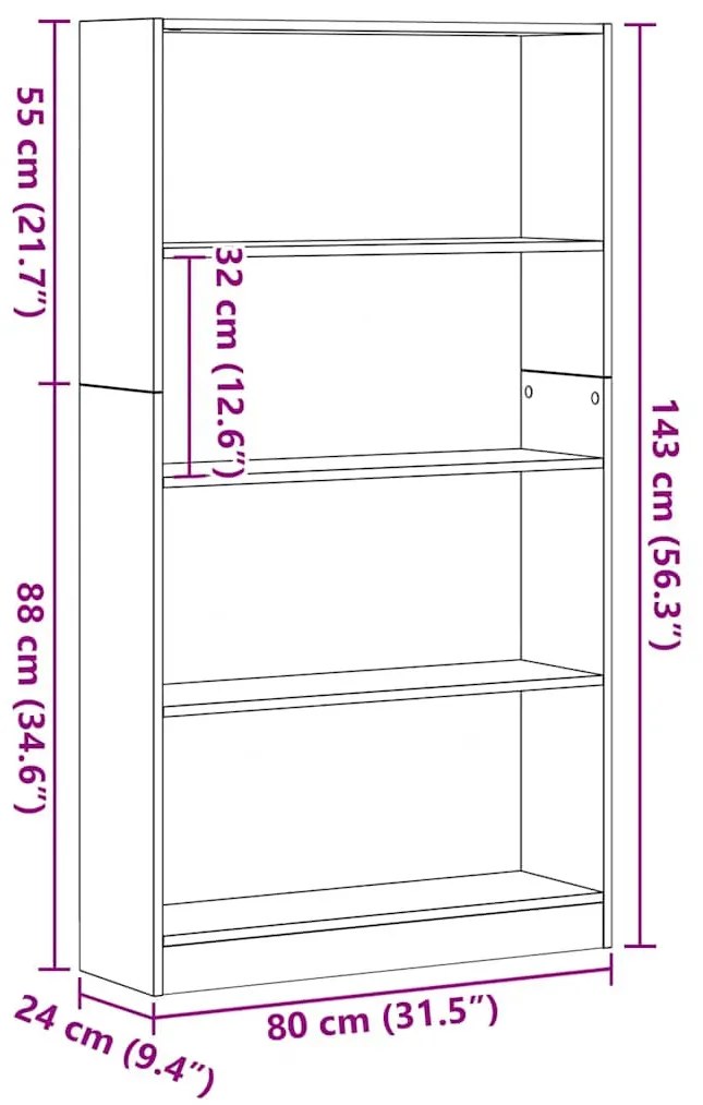 4 szintes fekete tölgy szerelt fa könyvespolc 80x24x143 cm