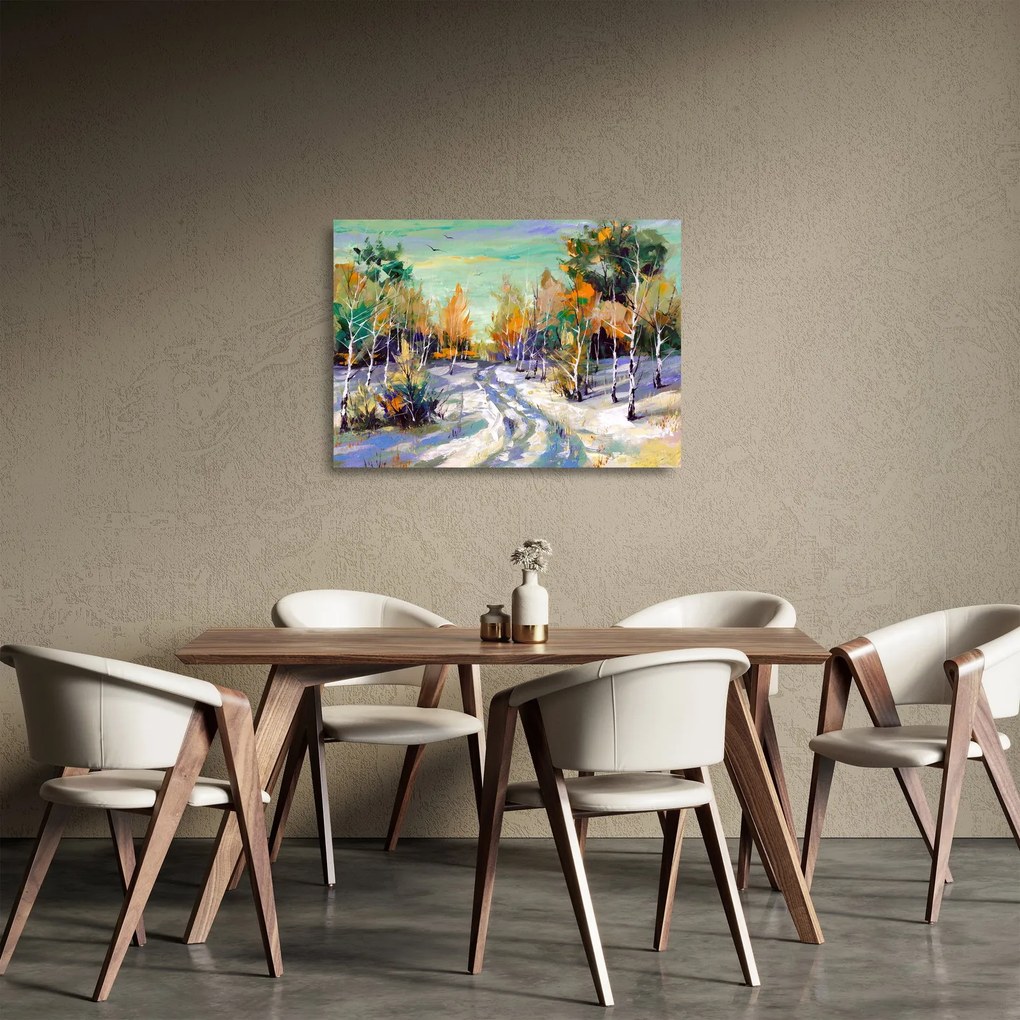 Kép - havas út az erdőben, olajfestmény (üvegen) (70x50 cm)