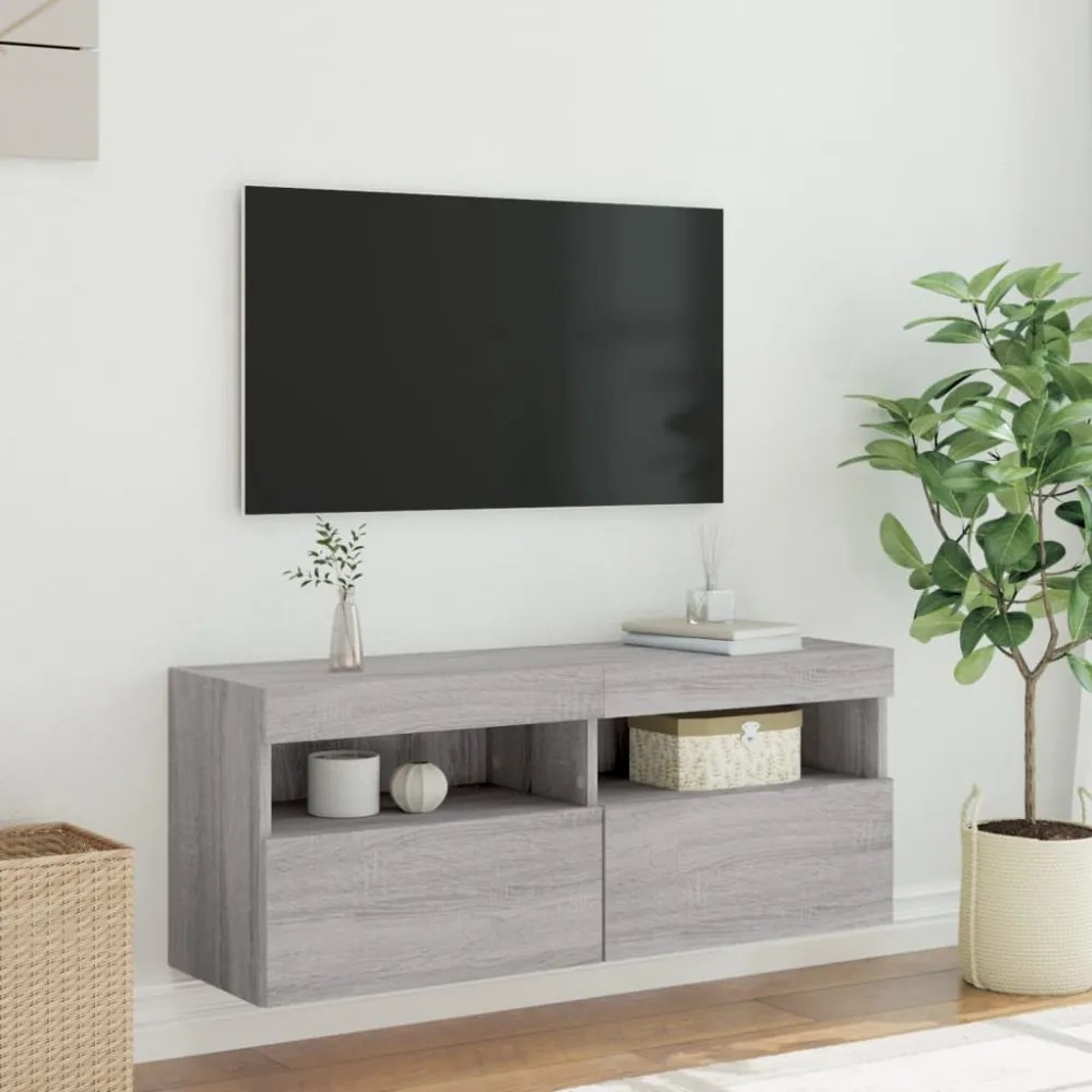 szürke sonoma színű fali TV-szekrény LED-del 100x30x40 cm