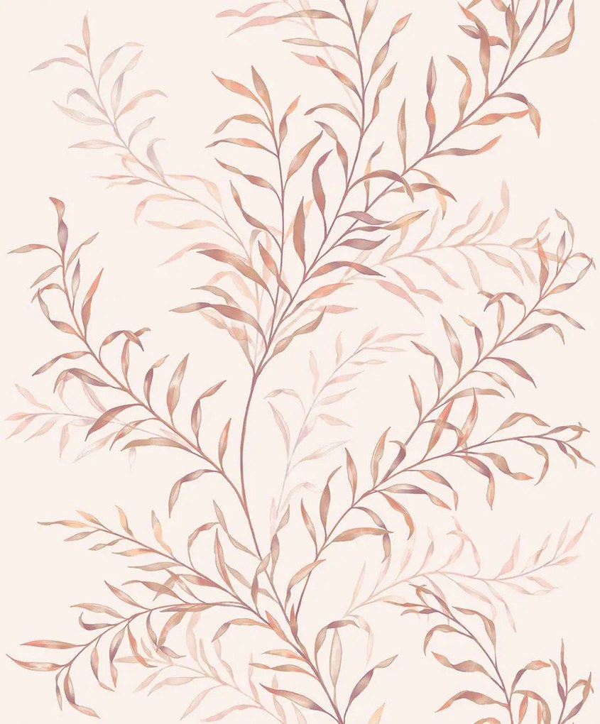 Világos Rózsaszín Tapéta Növényi Mintás Akvarell Barna Levelek Tapéta