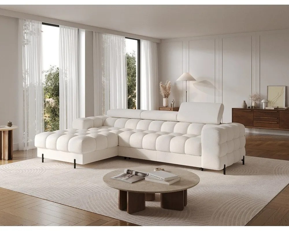 Krémszínű buklé kinyitható-tárolóhelyes sarokkanapé (bal oldali-heverő résszel) Felro – ELTAP