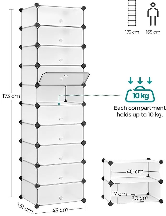 Cipőtartó, műanyag cipősdoboz 10 rekesszel, kombinálható tároló ajtókkal, fehér