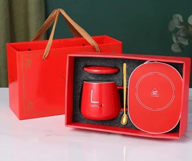Lucky kerámia bögre szett elektromos melegítővel díszdobozban - red
