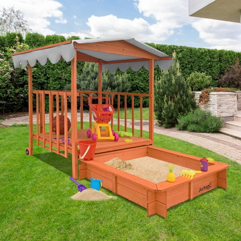 HAPPY homokozó verandával, tömör borókafenyőből 130 x 130 x 143 cm barna szürke Jurhan