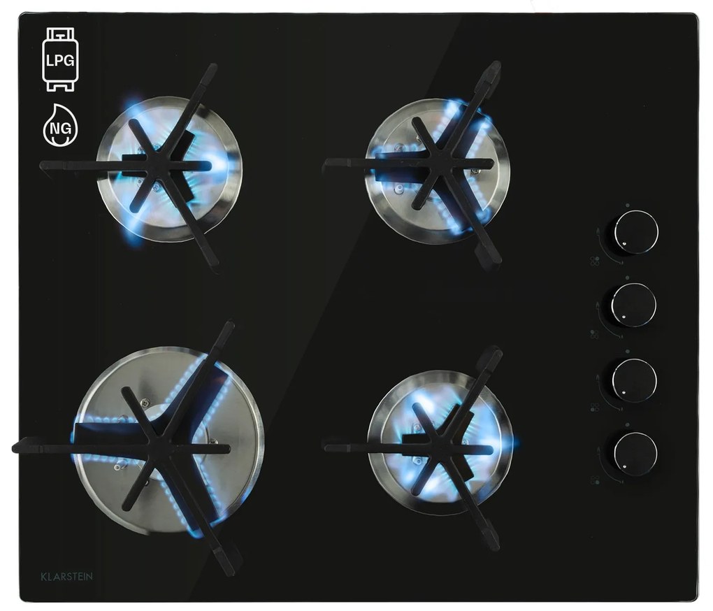 Klarstein Trifecta 4, gázfőzőlap, 4 háromszögletű égő, üvegkerámia, fekete