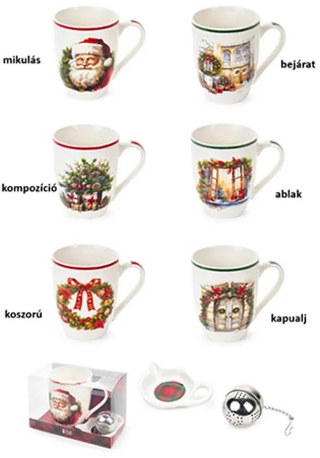 Karácsonyi mintás Porcelán bögre teatojással 6 féle dobozban / Kapualj