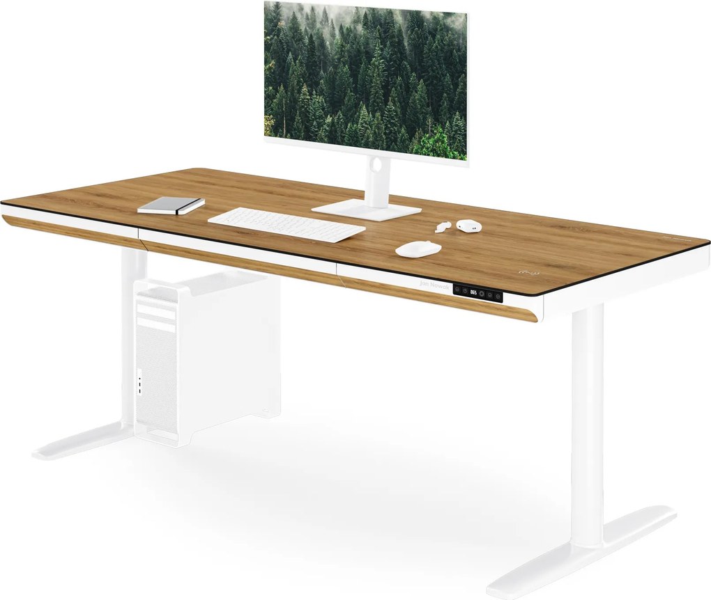 Elektromos ülő-álló íróasztal fiókkal és Qi vezeték nélküli töltővel fehér/aranytölgy, 1600 mm: ELLIS