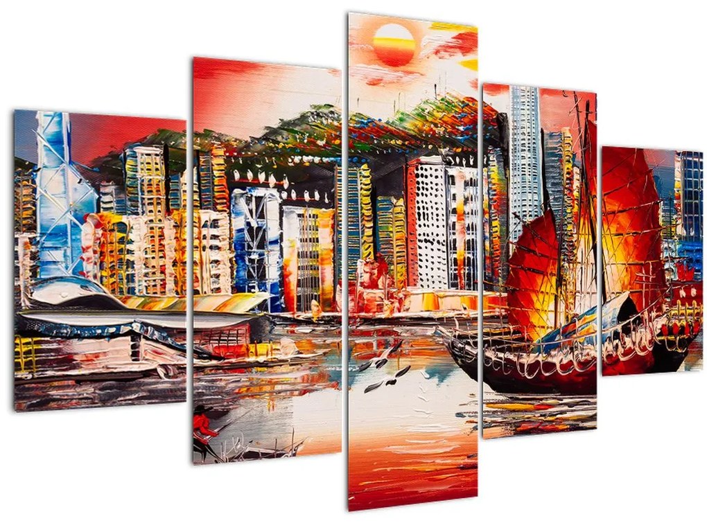 Kép - Victoria Harbour, Hong Kong, olajfestmény (150x105 cm)