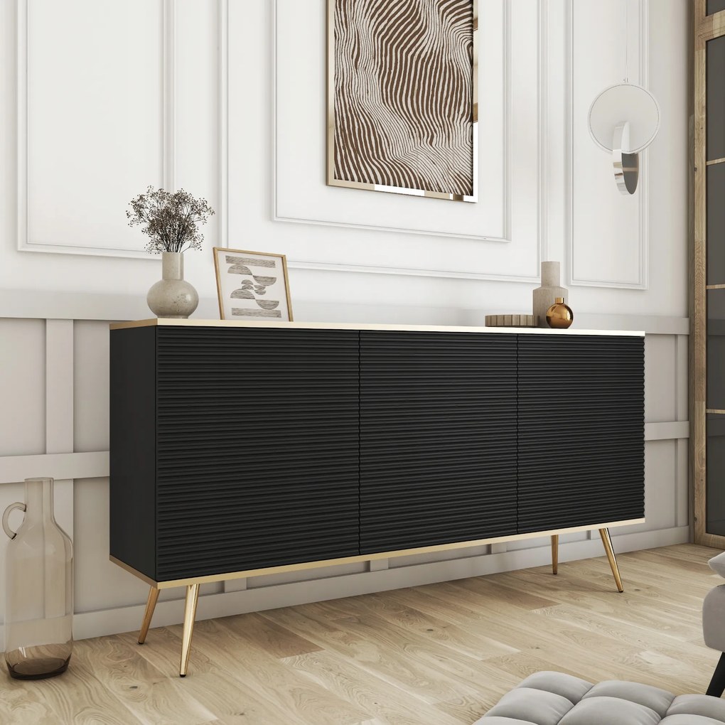 Komodee Komód Banff K160 Mdf Elegáns Fekete Arany Lábak Díszítés