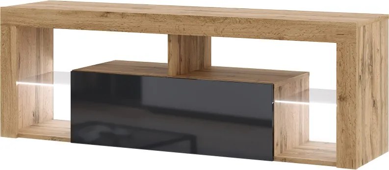 TV-szekrény 140 cm, Wotan tölgy/magasfényű fekete színkombinációban, LED-világítással EVEREST HUGO