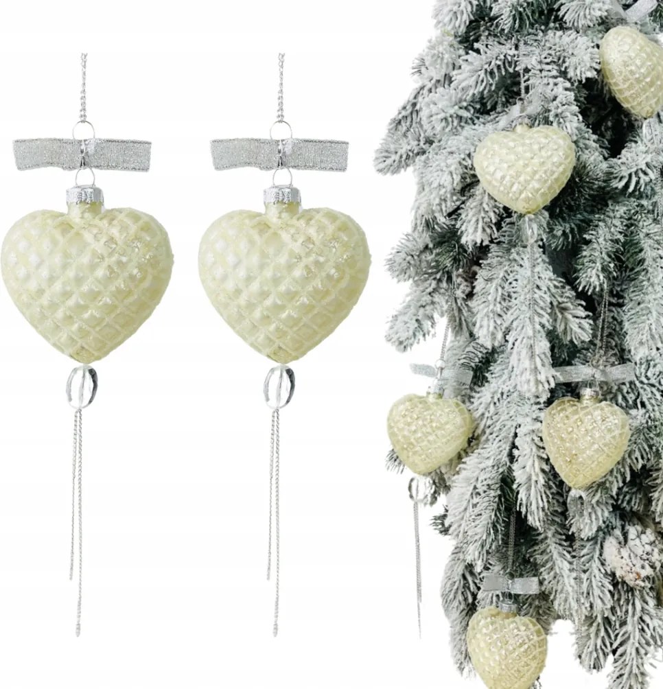 Krémes Üveg Karácsonyfa Dísz Szívek Láncokkal Szett 2 Db 22C