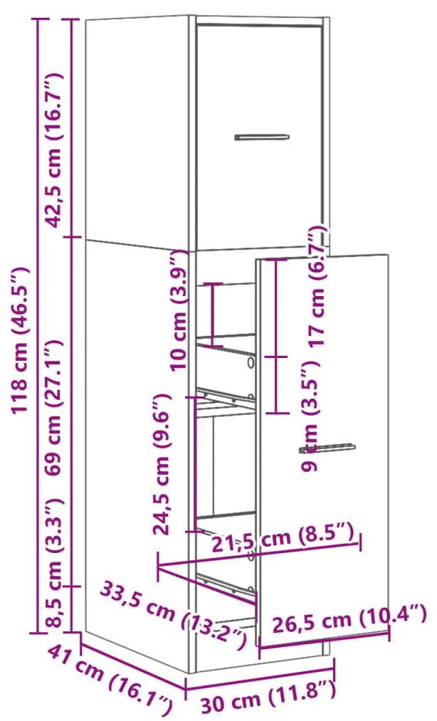 betonszürke szerelt fa patikaszekrény 30 x 41 x 118 cm