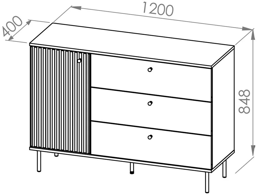 Jamuzi 05 fiókos komód két ajtóval, barázdált előlappal - kasmír / fekete lábakkal