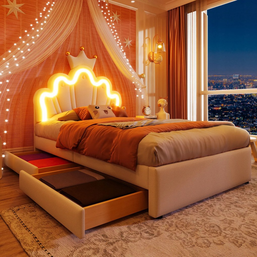 egyszemélyes ágy 90x200cm Led kárpitozott ágy 2 fiókos fehér