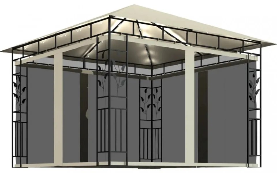 krémszínű pavilon szúnyoghálóval/LED fényfüzérrel 3x3x2,73 m