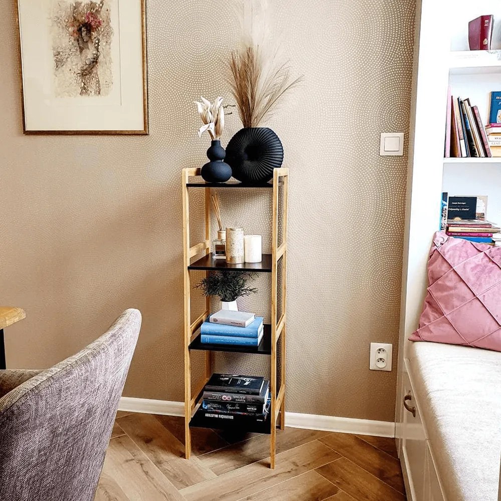 4 polcos állvány, természetes/fekete, NAOKO