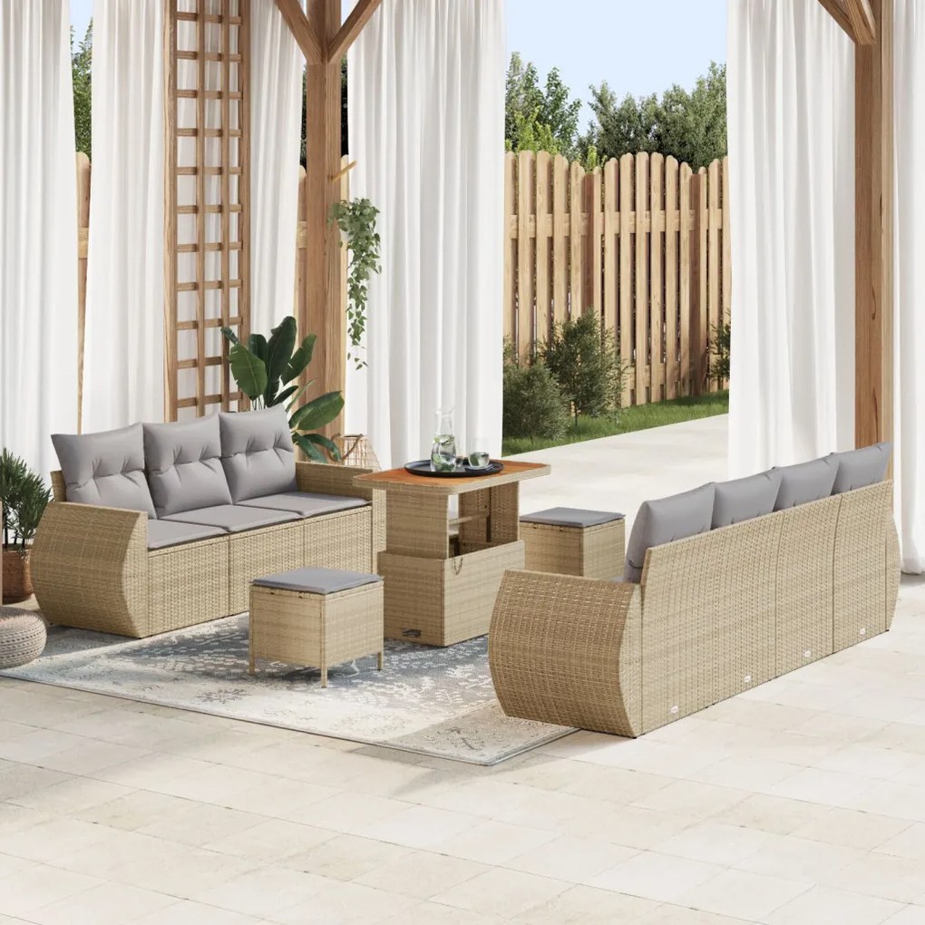 10 Darabos Kert Sofa Szett Párnákkal Bézs Műrattan Akácia, 3 Darabos Kert Étkező Szett Párnákkal Bézs Műrattan Akácia