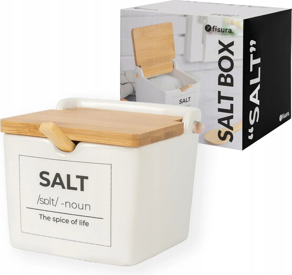 Nagy kerámia sótartó fa fedéllel és kanállal 680ml