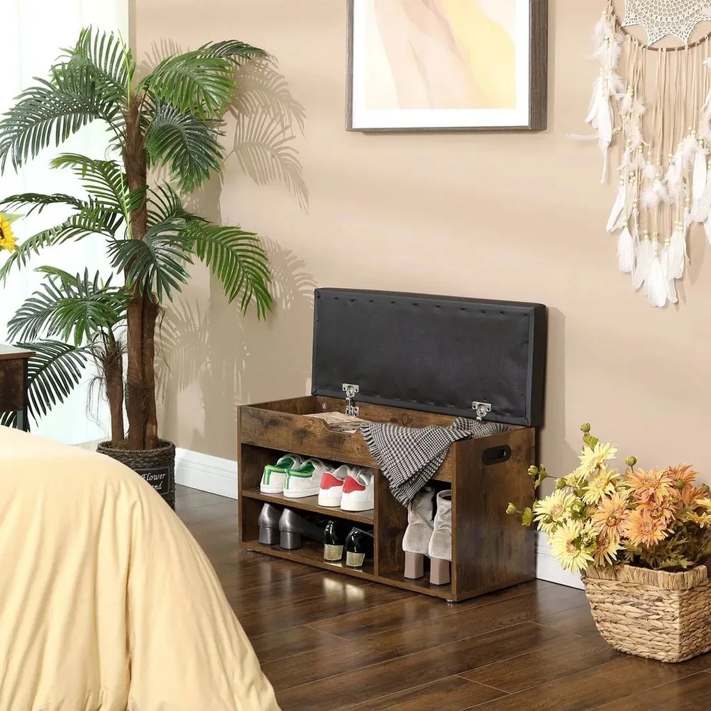 LUJZA cipősszekrény és tároló ülőkével, 80x30x44cm, sötét barna/fekete Vasagle