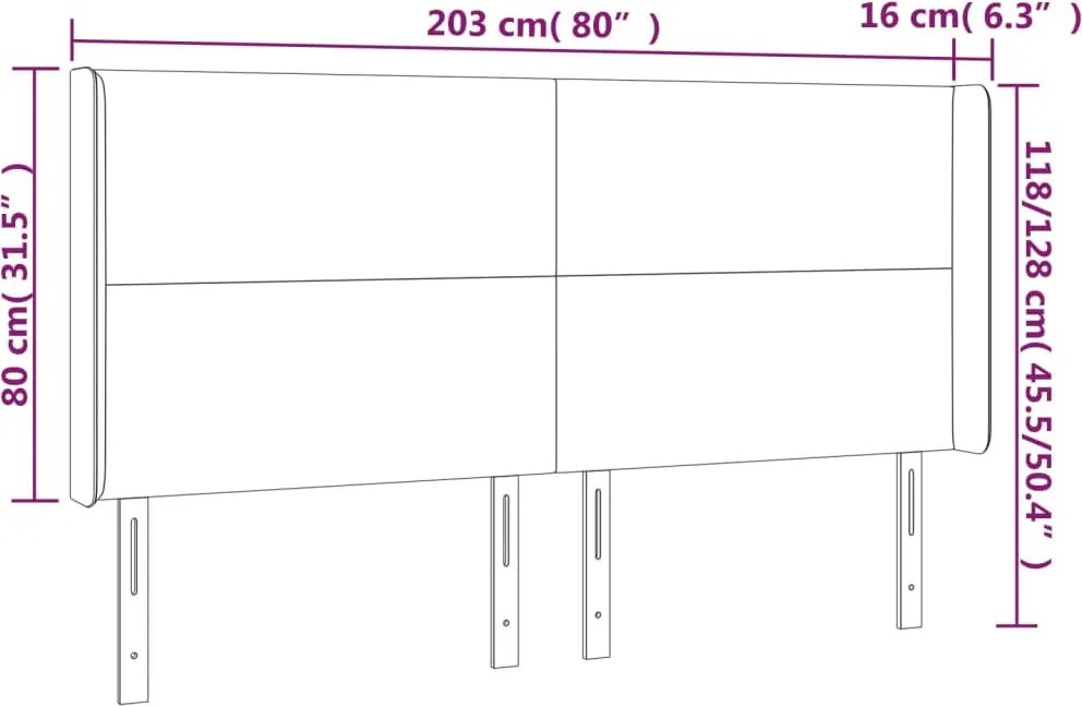 világosszürke bársony LED-es fejtámla 203x16x118/128 cm