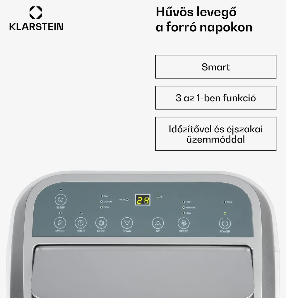 Klarstein Iceblock Smart 12K, mobil klíma, 3 az 1-ben, 12.000 BTU, irányítás alkalmazás által , fehér