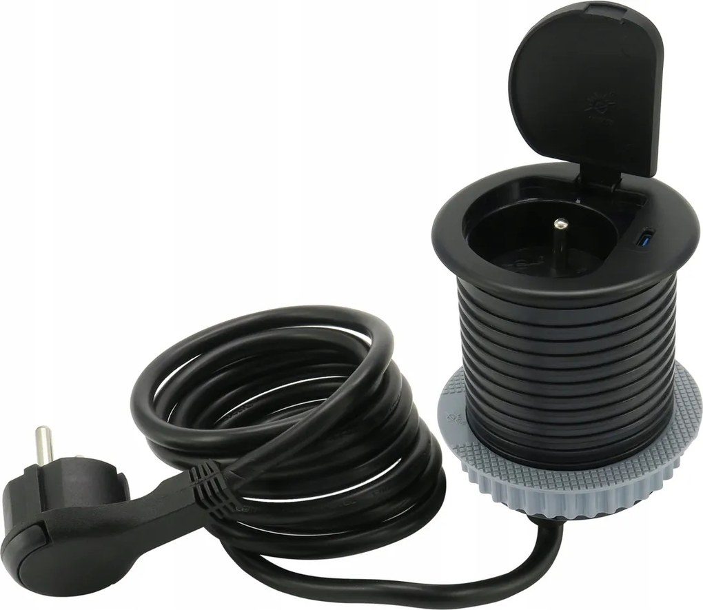 Mini Süllyesztett Aljzat Asztallapba Fekete, Single Box 240V, Usb C (20W)