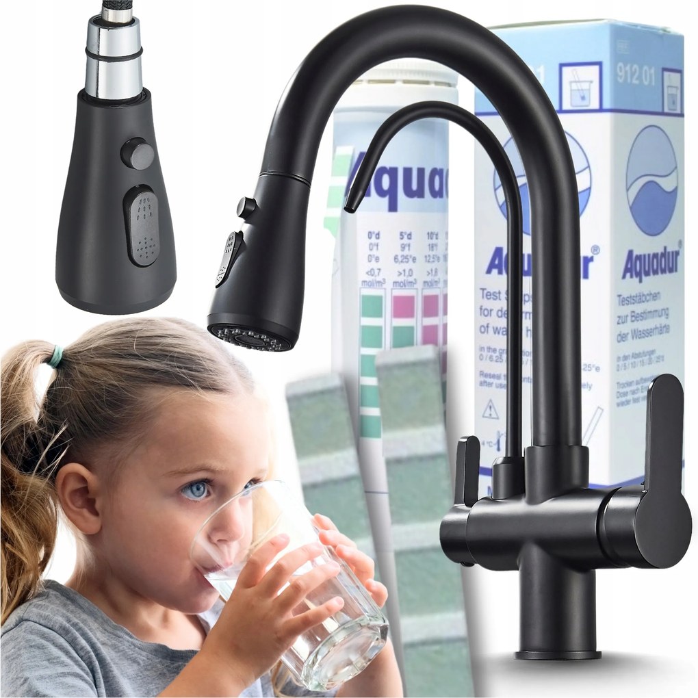 Konyhai Csaptelep Kihúzható flexibilis kifolyócső háromutas vízszűrő Fekete