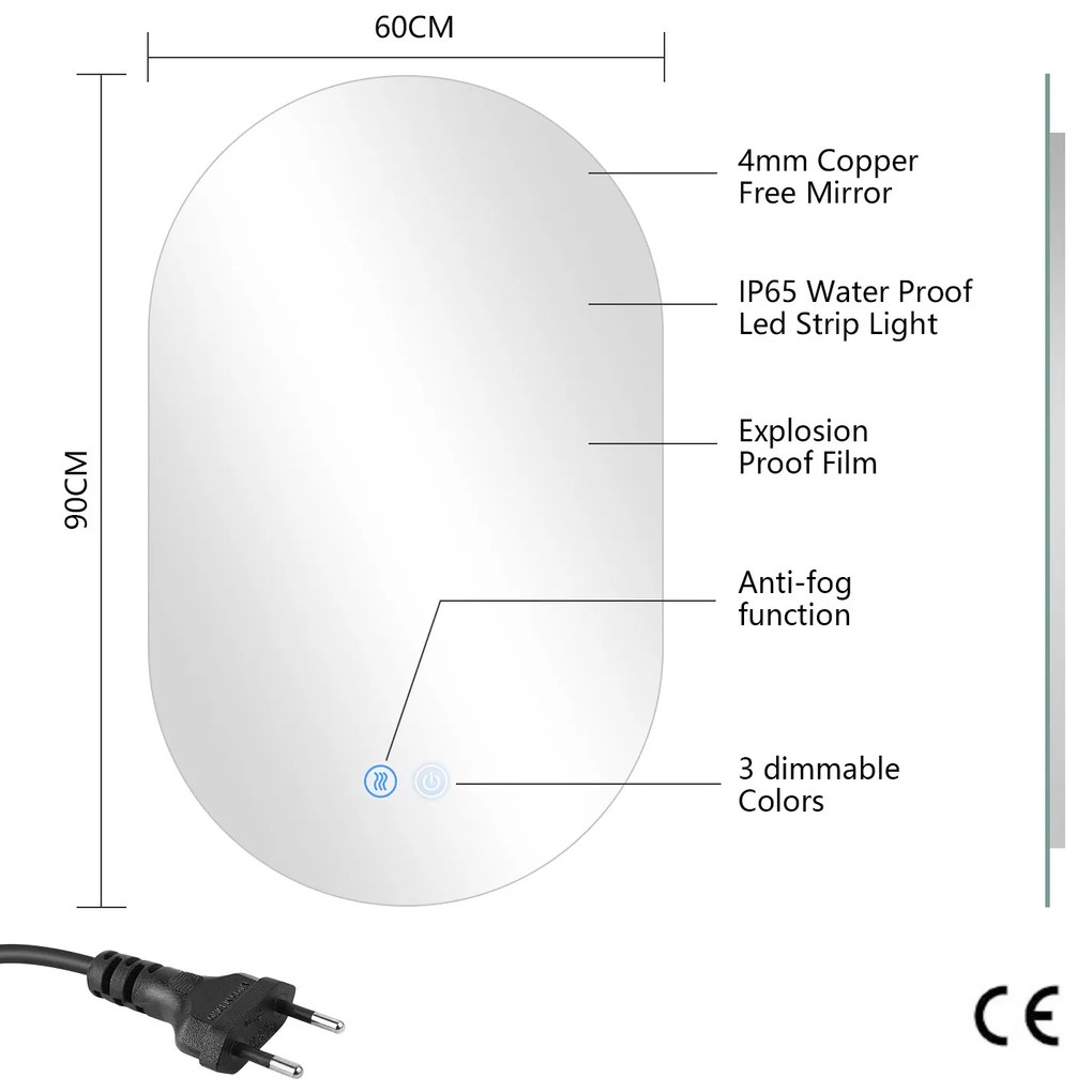 Erga Dalia, ovális LED tükör 60x90cm, 3 színű fény, háttérvilágítás, páramentes fűtőbetét, ERG-V01-Dalia-6090-CL