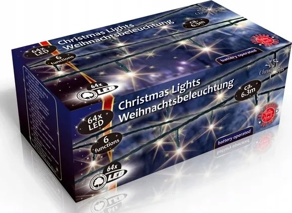 Karácsonyi beltéri fénylánc 64x Led, 6 mód, 3xAA, hossza 6,3 m