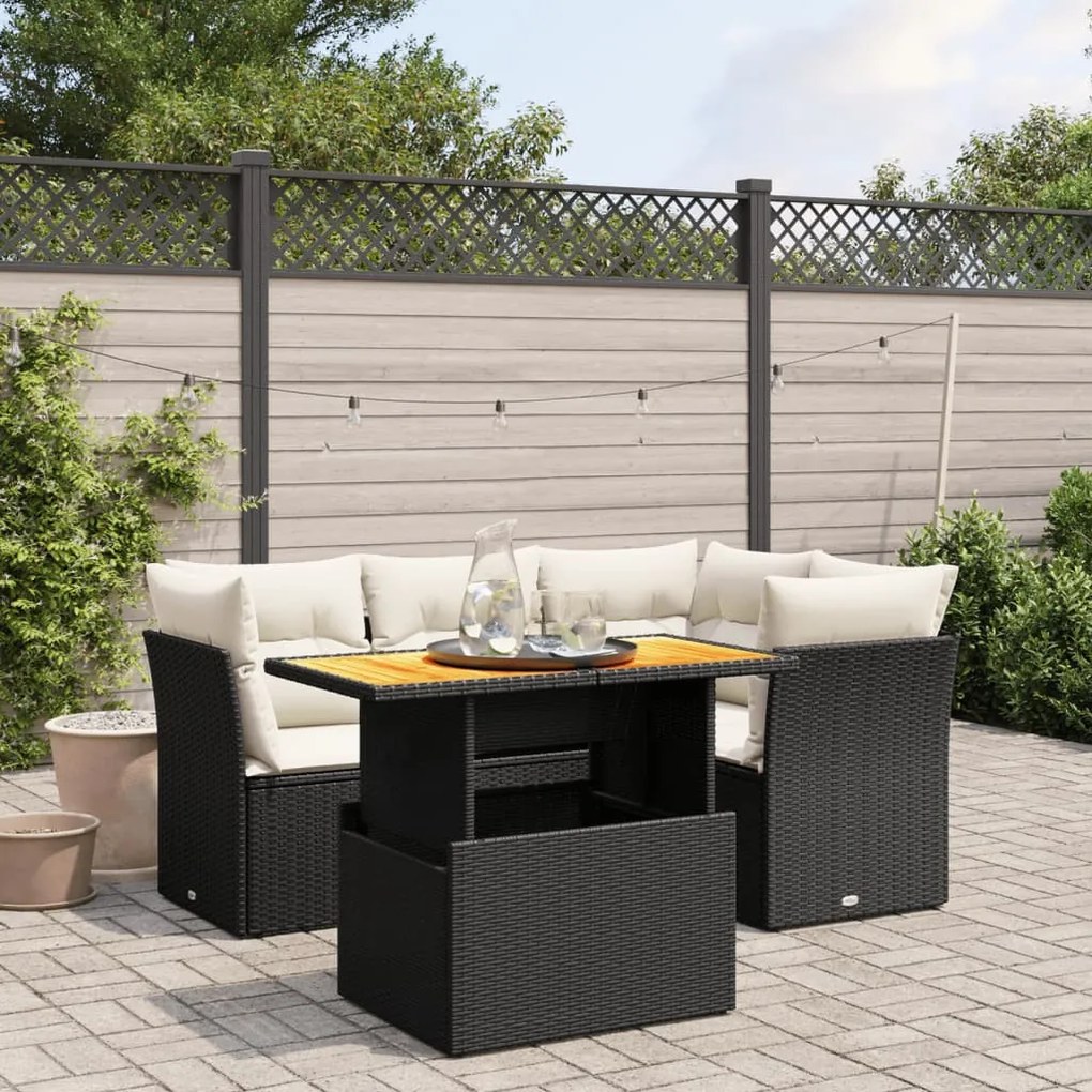 5 részes fekete polyrattan kerti kanapészett párnákkal