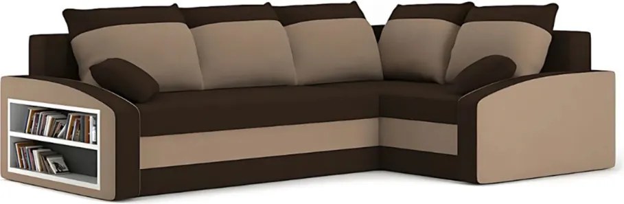 Grande sarokkanapé polcokkal , polc a bal karfaban, jobboldali, szövet anyag, bonell töltet, barna