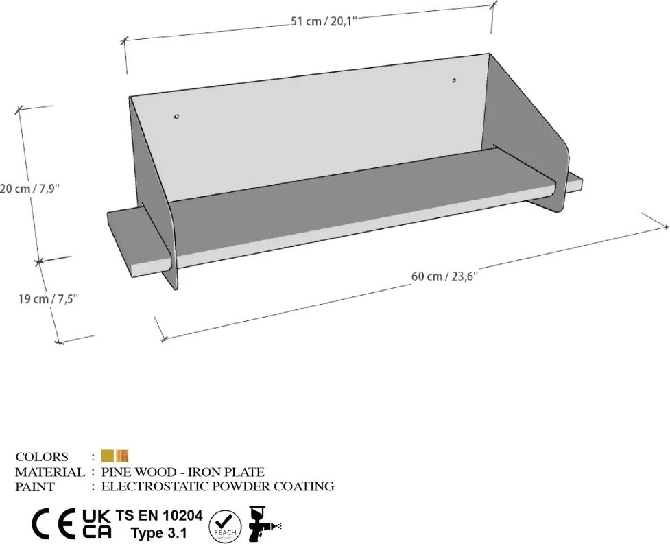Long fali polc, arany, 60 cm