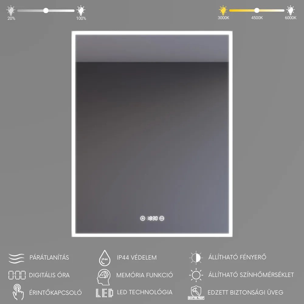 Álló fürdőszobai LED tükör 60x80cm | Páramentesítő funkció - Óra - Fényerő és színhőmérséklet szabályozás | Welland Luxury-Line G771