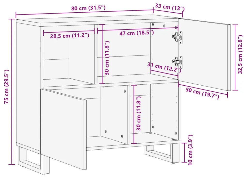Fiókos szekrény – 80x33,5x75 cm, tömör mangófából készült