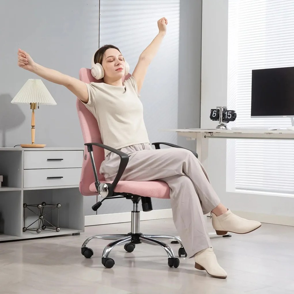 HOMCOM ergonomikus irodai szék, magasságban állítható forgószék hintafunkcióval, hálós kárpitozás, rózsaszín