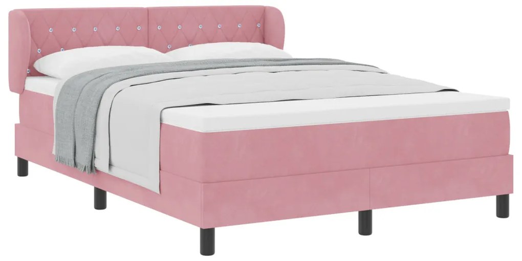Boxspring Ágy Matrac Nélkül - Rózsaszín, 140x190 cm, Bársony