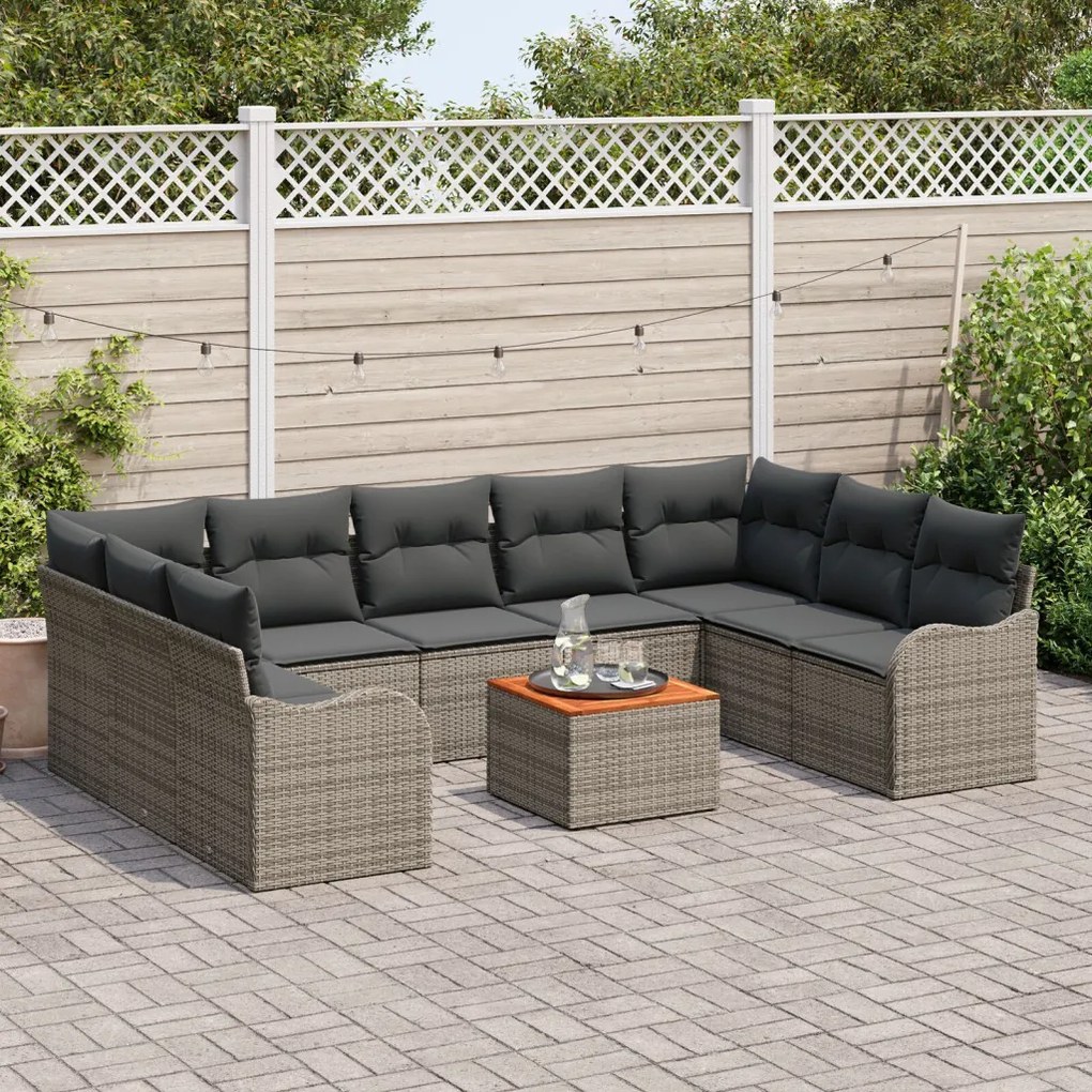 10 Darabos Kert Sofa Szett Párnákkal Szürke Poli Rattan Akácia, 2-Személyes Kert Sofa Tárolóval &amp; Párnákkal Szürke Poli Rattan