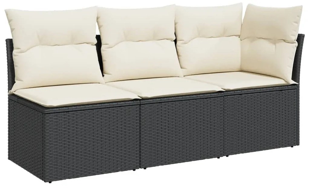 Fekete 3 személyes polyrattan kerti kanapé párnákkal
