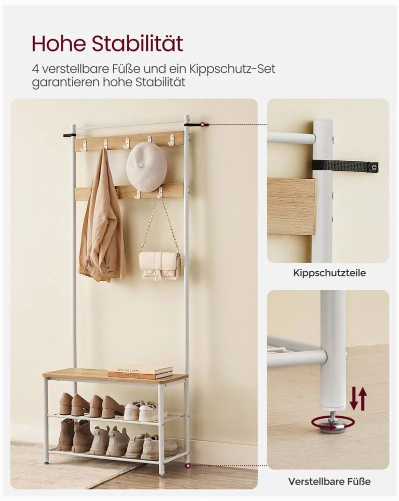 Előszoba fogas polccal, akasztókkal, cipőtartóval és ülőkével, tölgy és fehér 175x70x32cm