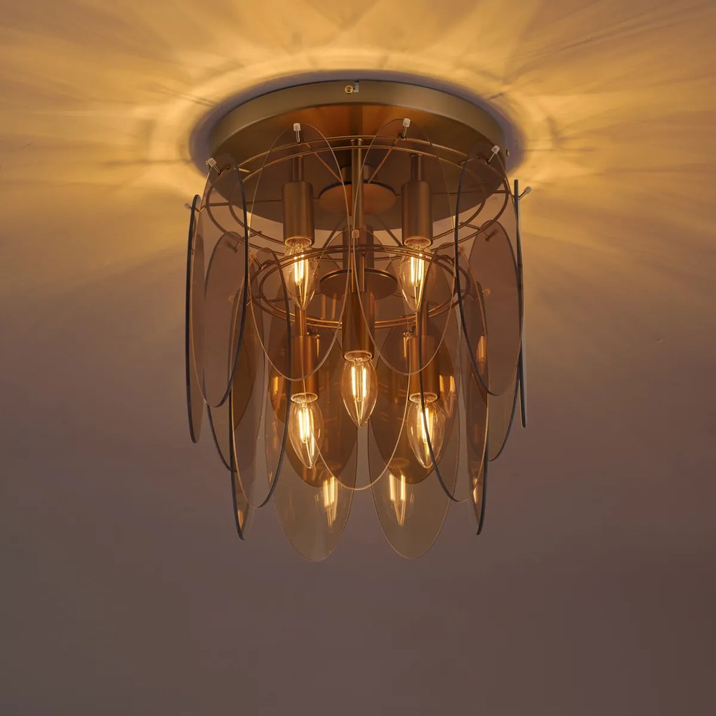 Art Deco plafondlamp goud met amber glas ovaal 6-lichts - Mochan