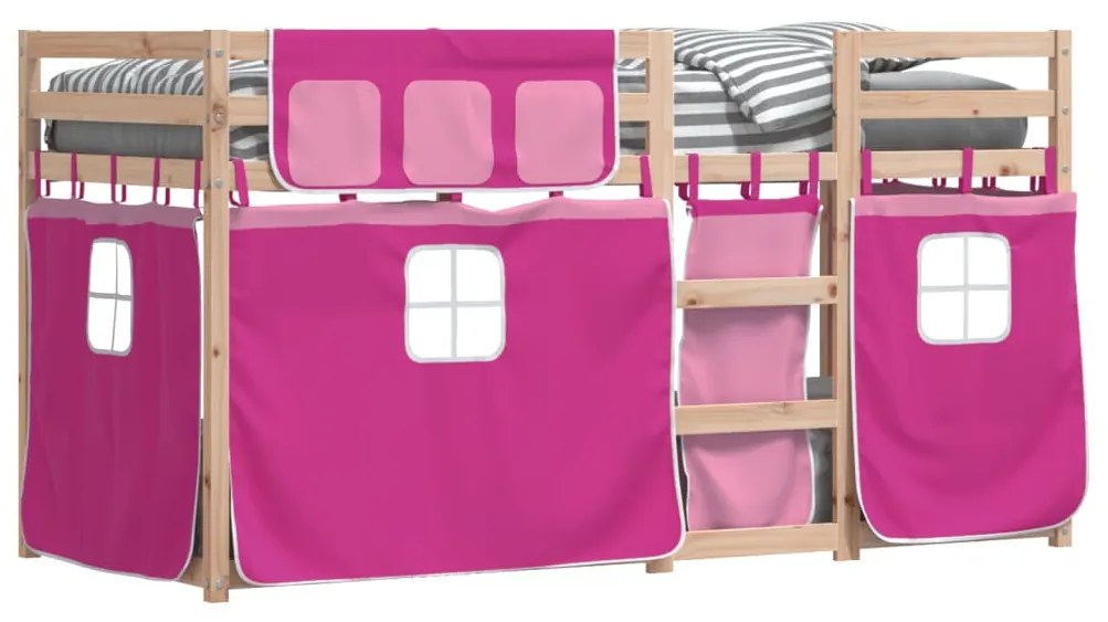 rózsaszín tömör fenyőfa emeletes ágy függönyökkel 90 x 190 cm