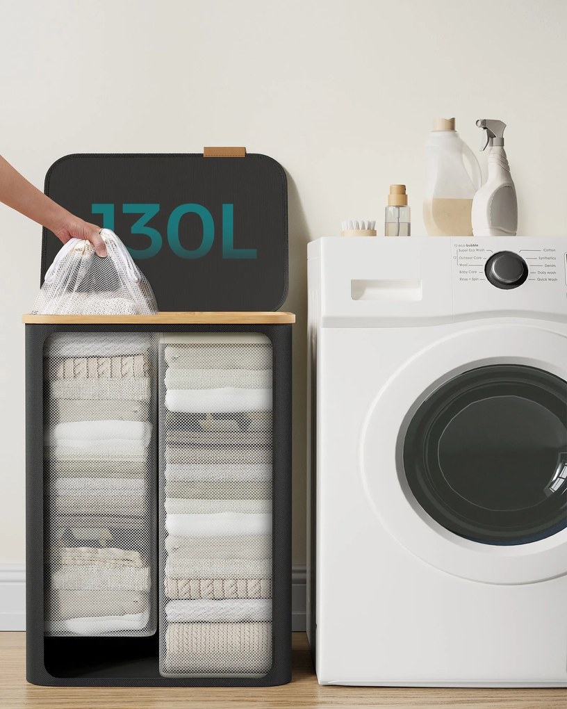 szennyeskosár fedéllel 130l, 2 rekeszes nagyméretű szennyes tartó, fekete