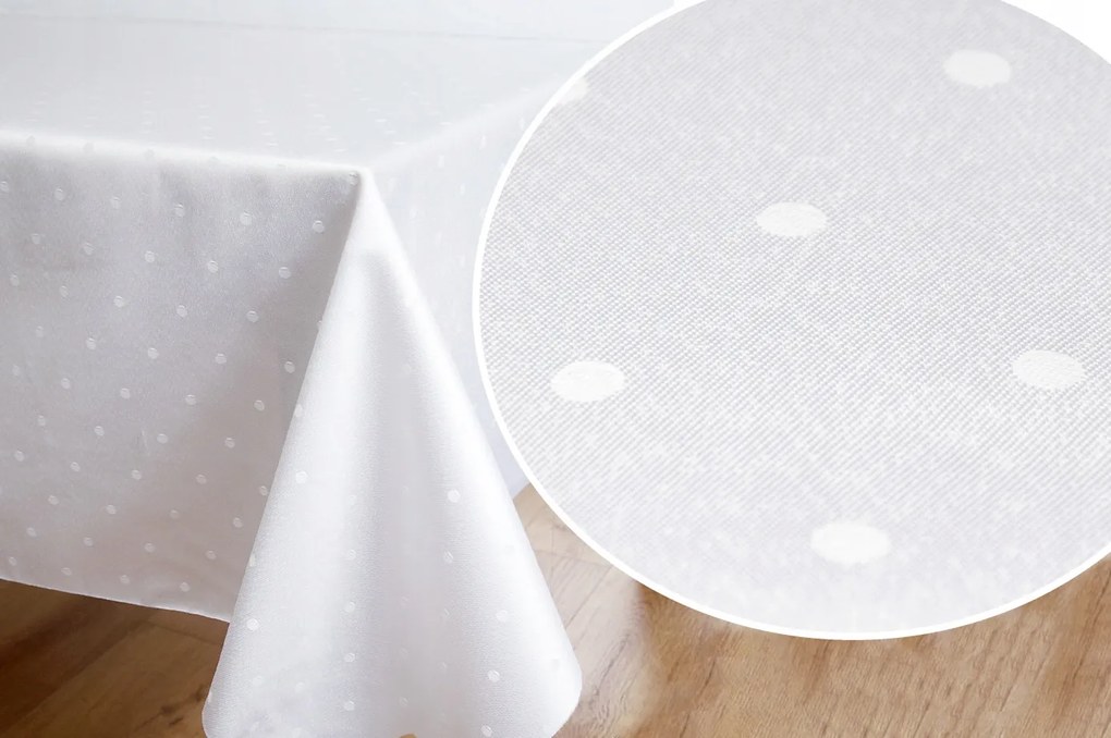 Kész abrosz, fehér foltálló futófelület finom pöttyökkel 120x160 cm.