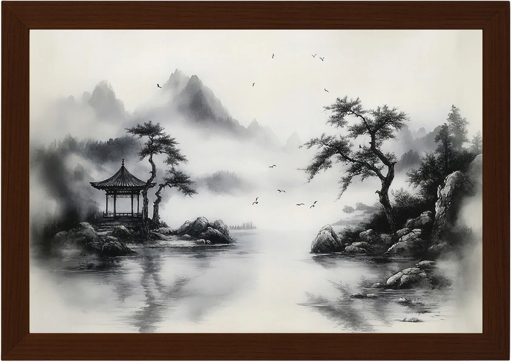 Poszter Keret Fa Grafika Tinta Ázsia Kína Tájkép Pagoda 60x40