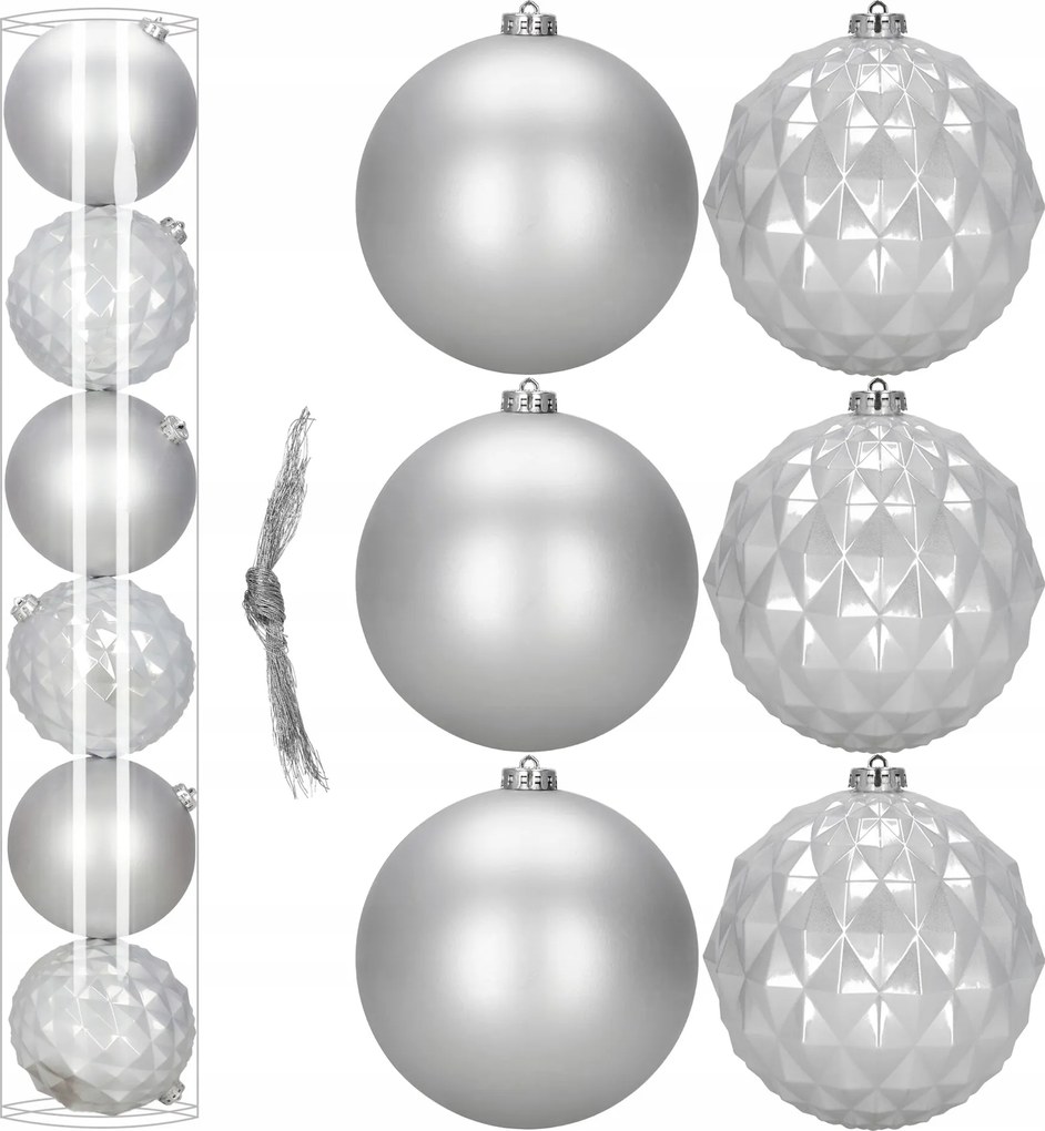Ezüst Karácsonyfadísz 6db 15cm Törhetetlen Karácsonyi Díszek