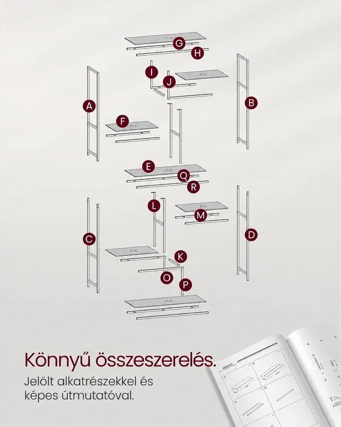 Könyvespolc, 6 szintes magas könyvszekrény 30 × 80 × 180 cm, fémes arany színben